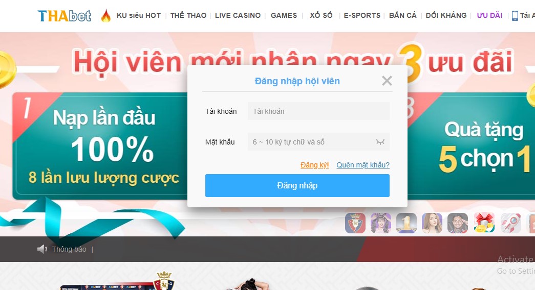 Đăng nhập Thabet theo địa chỉ được cung cấp 